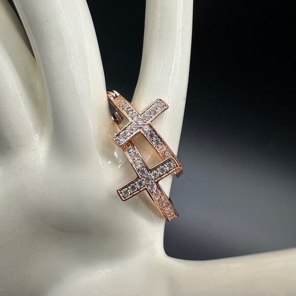 Cross Hoop Earrings Rose Gold Color Rhinestone Bling Jewelry Religious - Picture 1 of 7